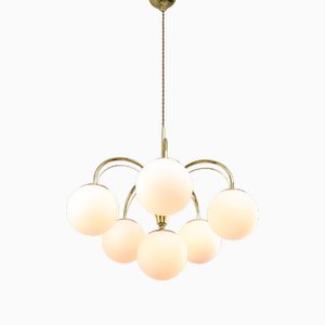 Vintage Five-Arm Chandelier in Golden and Opaline Glass, 1970s