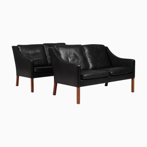 Divano a due posti vintage in pelle nera di Børge Mogensen
