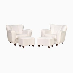 Italian Lounge Chair with Pouf in White Fabric, 1940s, Set of 2