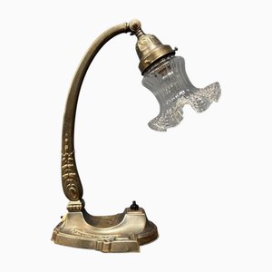 Französische Jugendstil Tischlampe mit transparentem Glasschirm
