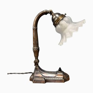 Lampe de Bureau Art Nouveau Antique avec Abat-Jour en Verre Givré
