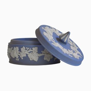 Jasperware Lidded Box with Blue and White Decor from Wedgwood, 1940s