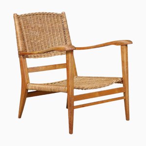 Mid-Century Sculpted Armchair in Oak and Rattan attributed to Børge Mogensen for Fredericia, France, 1950s