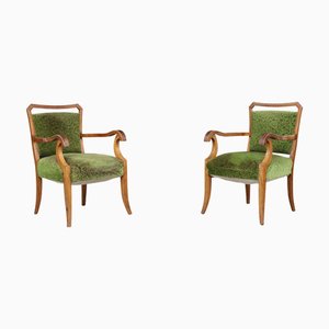 Ensemble de Fauteuils Sculpturaux Art Déco en Noyer avec Tapisserie Florale Verte, Italie, 1930s