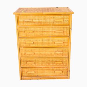 Commode à 5 Tiroirs Vintage en Bambou et Rotin Tissé, 1970s
