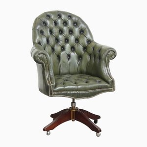 Large Green Cowhide Chesterfield Desk Chair on Wheels with High Back, 1970
