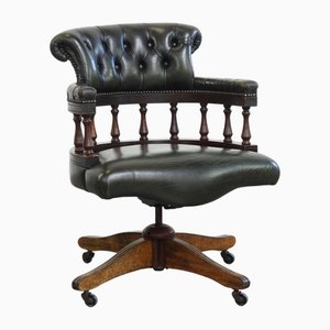 Dark Green Cowhide and Wooden Height Adjustable Swivel and Tilt Chesterfield Office Chair