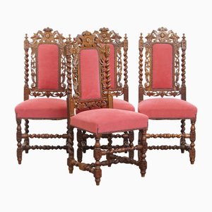 Antique Dutch Dining Room Chairs with Wood Carving and Red Fabric Upholstery, Set of 4