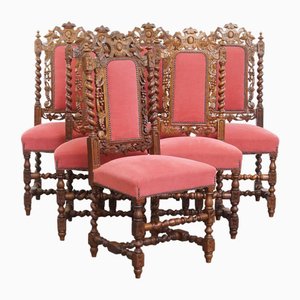 Dutch Dining Room Chairs with Wood Carving and Red Fabric Upholstery, Set of 4