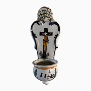 18th Century Wall-Mounted Holy Water Font in Polychrome Earthenware by by Mario Bellini from the Nevers Factory, 1970