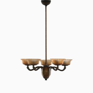 1383/5 Chandelier in Brass, Wood and Amber Glass by Paavo Tynell for Taito, 1930s