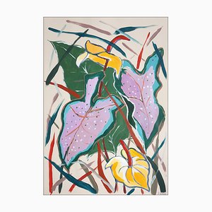 Romina Milano, Pink Elephant Ear Leaves Still Life, 2025, Acrylic Painting and Indian Ink on Paper