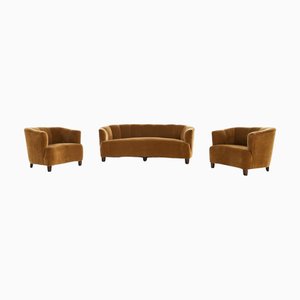 Sedie e divano Art Déco in velluto, Svezia, anni '30, set di 3