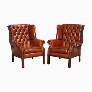 Hand-Dyed Burgundy Brown Leather Wingback Chairs, Set of 2
