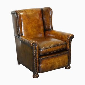 Early Victorian Hand-Dyed Brown Leather Reading Lounge Armchair