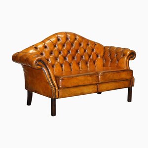 Vintage Chesterfield 2-Sitzer Sofa aus handgefärbtem Zigarrenbraunem Leder