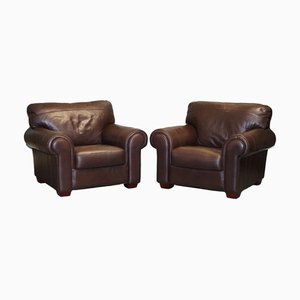 Large Brown Leather Armchairs, Set of 2