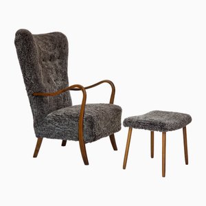 Set of Danish Armchair with Ottoman in Genuine Sheepskin
