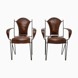 Set of Vintage French Iron and Leather Armchairs, 1960s