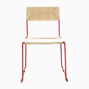 Silla de comedor italiana, escultural y llamativa de hierro rojo y paja natural