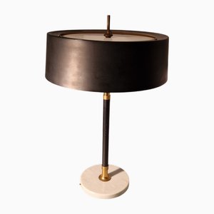 Table Lamp in Iron, Brass and Marble with Acrylic Glass Lampshade, 1950s