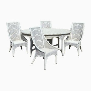 White Painted Wicker Dining Table and Chairs, 1900s, Set of 5