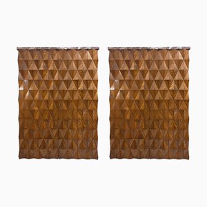 Brutalist Wood and Rosso Levanto Marble Cabinets, Set of 2