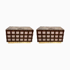 Sideboards aus geschnitztem Holz mit rosa Glas und Marmor, 2er Set