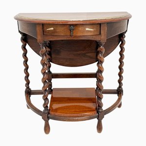 Antique Oak Drop-Leaf Side Table with Barley Twist Legs, 1920s