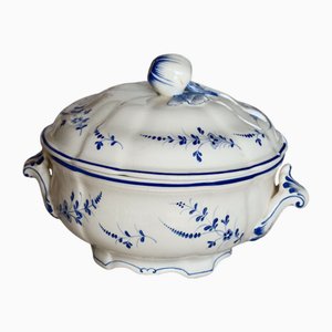 Antique Earthenware Tureen with Blue Flowers from Lunéville Keller & Guérin