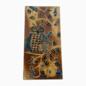 Piastrella vintage in ceramica a rilievo con gufi, anni '60