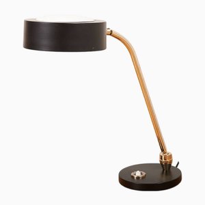 Black Painted Metal Table Lamp with Brass Rod and White and Black Metal Shade