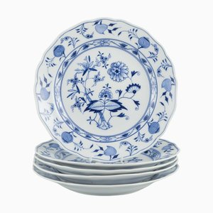 Blue Onion Patterned Porcelain Dinner Plates from Meissen, Germany, 1890s, Set of 5