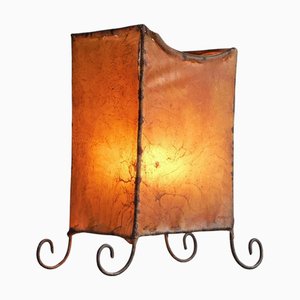 Lampada da tavolo Mid-Century in pelle di capra e ferro battuto, anni '50
