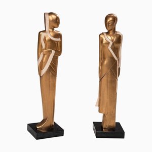 Art Deco Figurative Sculptures, 1940s, Gilt Ceramic, Set of 2