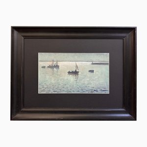Henry Maurice Cahours, Solitude Landscape with Sailing Boats of Northern France, 1930s, Oil on Wood
