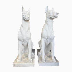 Monumental Hand-Carved White Marble Doberman Statues, Set of 2