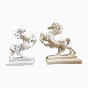 Hand-Carved White Marble Rearing Horse Sculptures, Set of 2