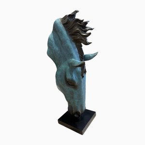 Patinated Bronze Horse Head Sculpture with Flowing Mane