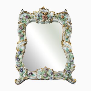 Antique Mirror in Polychrome Capodimonte Porcelain, Early 20th Century