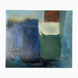 Annette Walker, Composition Abstraite en Bleus et Verts, 20e Siècle, Huile sur Panneau