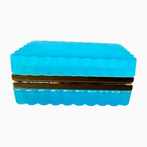 Antique French Opaline Turquoise Scalloped Glass Box, 1890s