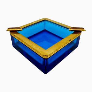 Antique Bohemian Blue Sapphire Crystal Ashtray, 1920s