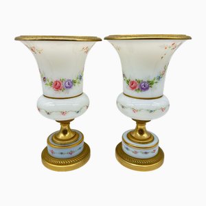 French Opaline Glass Vases on Gilt Bronze Foot with Hand-Painted Floral Garlands and Blue Bows