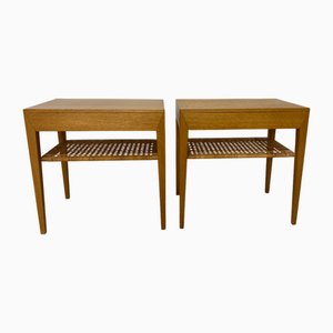 Danish Nightstands in Oak and Rattan by Severin Hansen for Haslev Møbelsnedkeri, 1960s, Set of 2