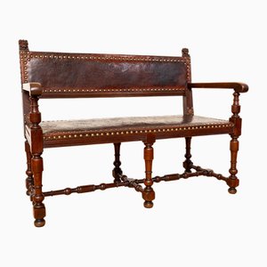 Antique Spanish Colonial Oak Leather Bench, 1890s