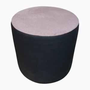 Cylindrical Black Faux Leather and Pink Velvet Ottoman