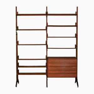 Large Teak Bookcase with Shelves, Drawers and Brass Feet, Italy, 1960s
