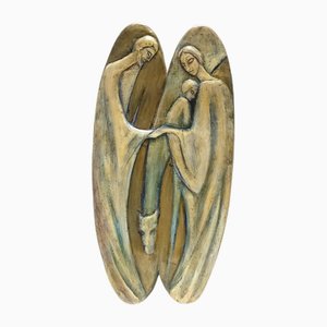 Holy Family Hand-Painted and Hand-Carved Beech Panel, 1960s