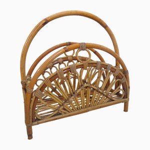 Crescent-Moon Bamboo and Wicker Magazine Rack, 1970s